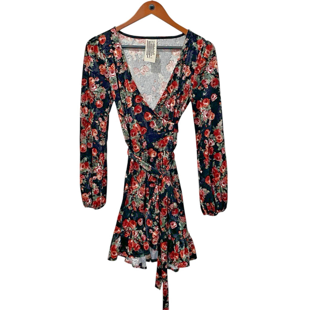 Free People Black and Red Velvet Floral Long Sleeve Wrap Dress Whimsy Goth XS